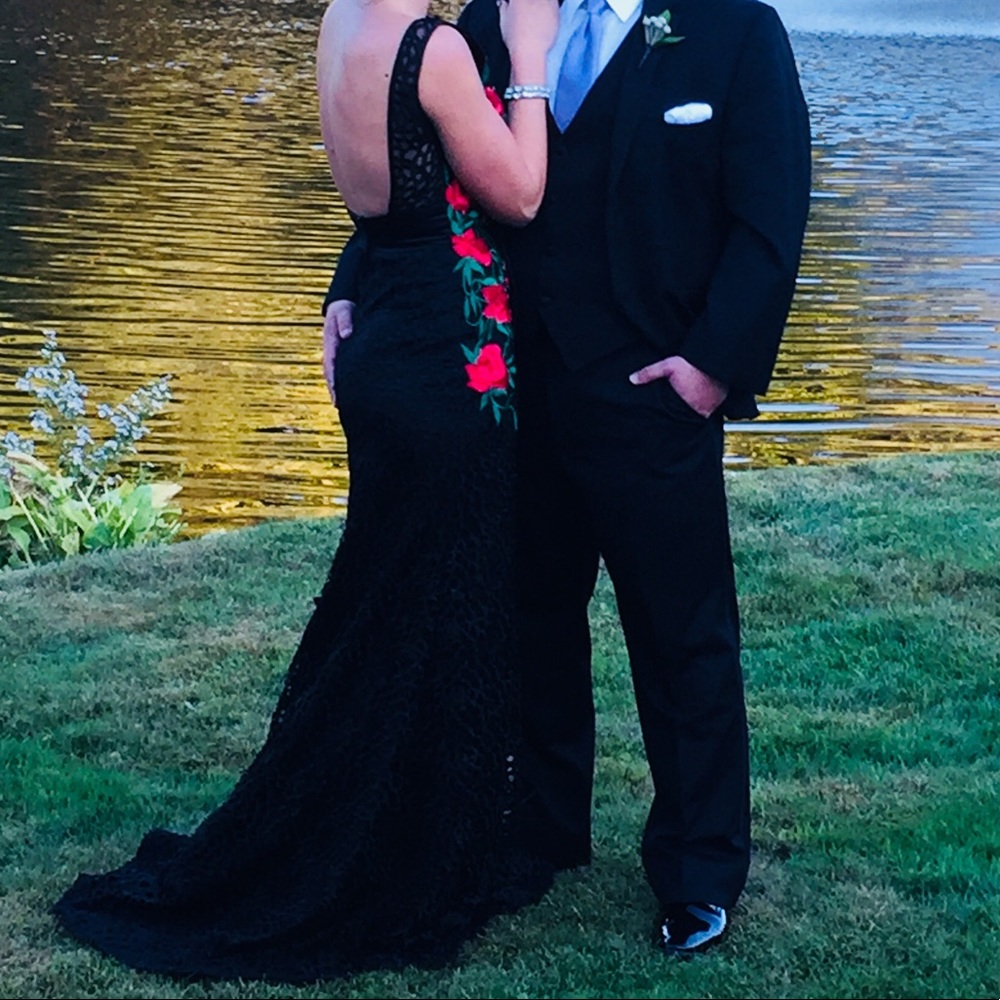 M by Mac Duggal Black Lace Gown with Rose Detail